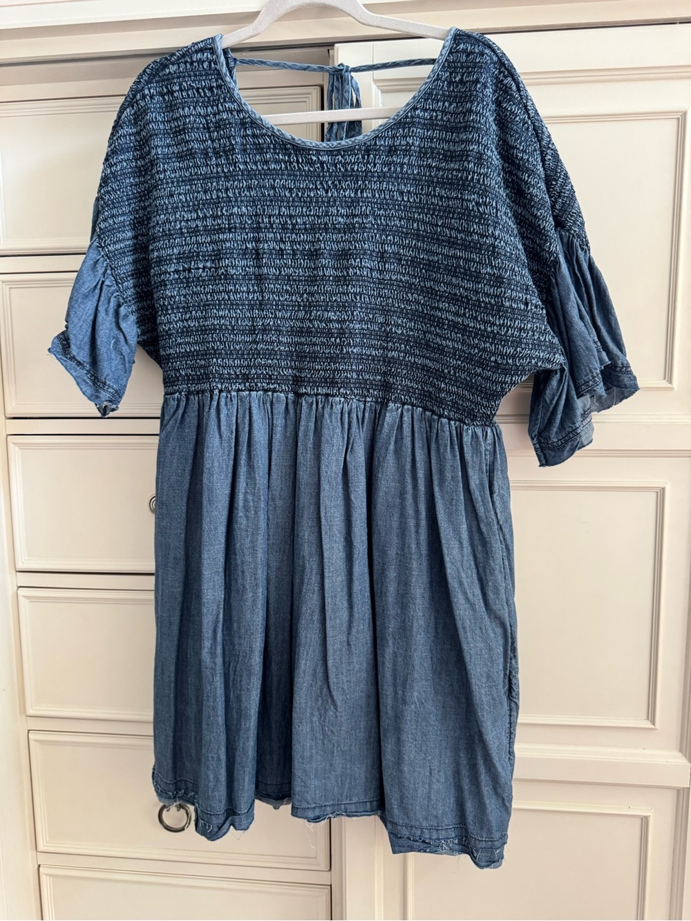 Anthropologie Smocked Denim-Look Short Dress in Washed Blue